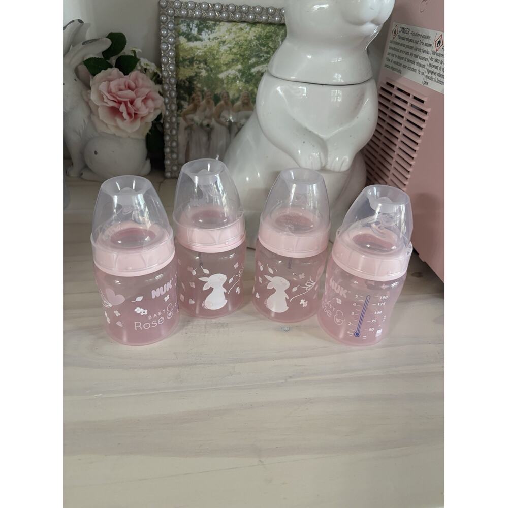 NUK Smooth Flow Anti Colic Baby Rose Bottle, 5 oz, 4 Pack, Pink Bunnies BPA Free
